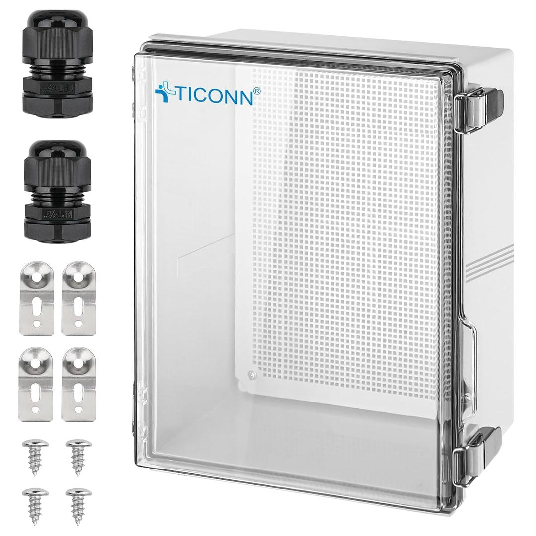 TICONN Outdoor Electrical Box Waterproof, Junction Box IP67 ABS Plastic Enclosure with Hinged Cover with Mounting Plate, Wall Brackets, Cable Glands (Clear, 17.7"x13.8"x7.9")