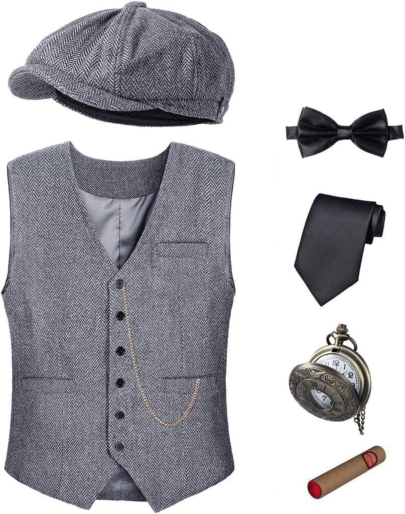1920s Mens Costume Vest Hat Pocket Watch Accessories Set Adult Party Cosplay (Gray, L)