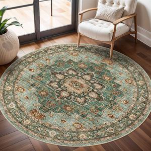 Washable Oriental Area Rug - 4ft Round Rugs for Living Room Soft Carpet for Bedroom Waterproof Floral Distressed Indoor Stain Resistant Non-Shedding Floor Carpets (Green, 4ft-Round)