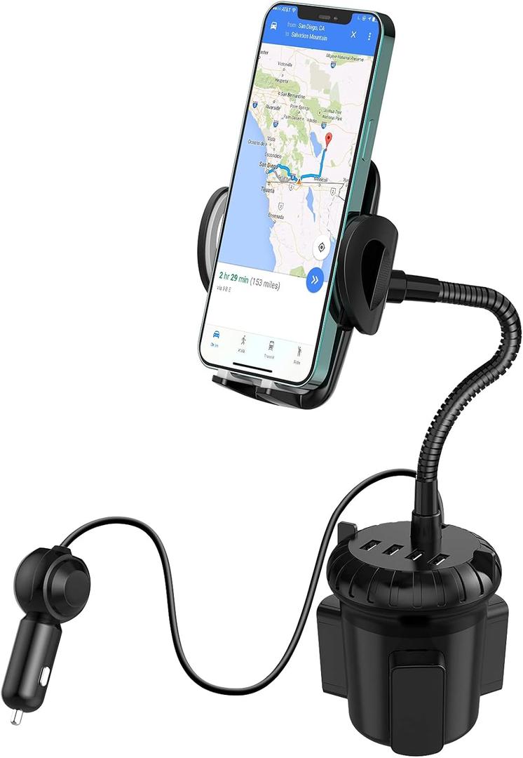 4-Port USB Car Charger with Cup Holder Phone Mount, Rapid Multi Port Charger, Adjustable Gooseneck Rotatable Holder for Smartphones