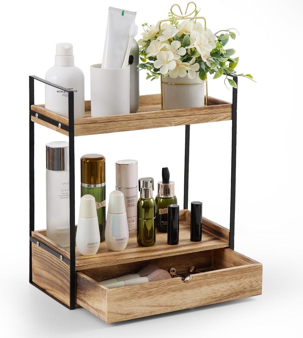 2-Tier Bathroom Organizer Countertop with Drawer, Wood Counter Shelf for Storage, Cosmetic Storage Vanity Tray for Bathroom Organization for, Kitchen, Office