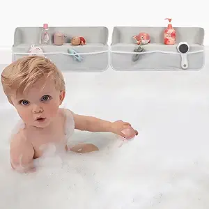 1 Pcs Bathtub Splash Guard for Tub Kids, Mesh Bath Toy Storage, 43’’ Long When Combined, Silicone Bath Shelf with 8 Suction Cups Attached to Toddler Bathtub, ‘’Keep Water Inside the Tub!’’, Grey