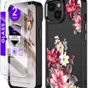 for iPhone 14/13 Case+Tempered Glass Screen Protector, Military Grade Protective Slim Soft TPU & Hard PC,Girls Women Crystal Clear Flower Pattern Case Cover for iPhone 14/13-Safflower (Golden Shield Flower Series-Safflower)