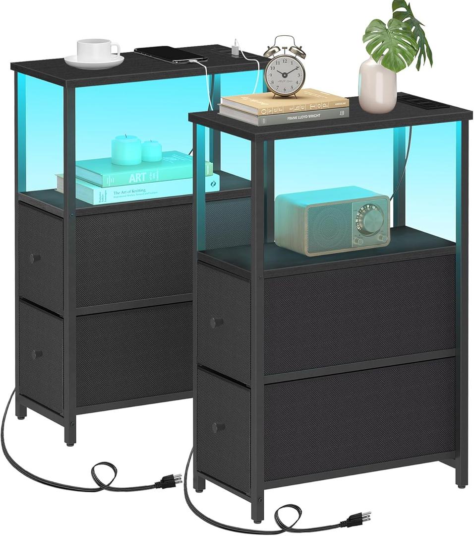 TUTOTAK Small Narrow LED End Table with Charging Station, Side Table Outlets, Nightstand with 2 Cloth Drawers, Set of 2, Couch Table, for Living Room, Bedroom, Bedside, Black TB01BK056