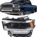 LH LED Black Interior Headlight Assembly Compatible with 2019-2024 Dodge Ram 2500 3500 Headlamp W/LED Daytime Running Light DRL Left Driver Side 68360181AC