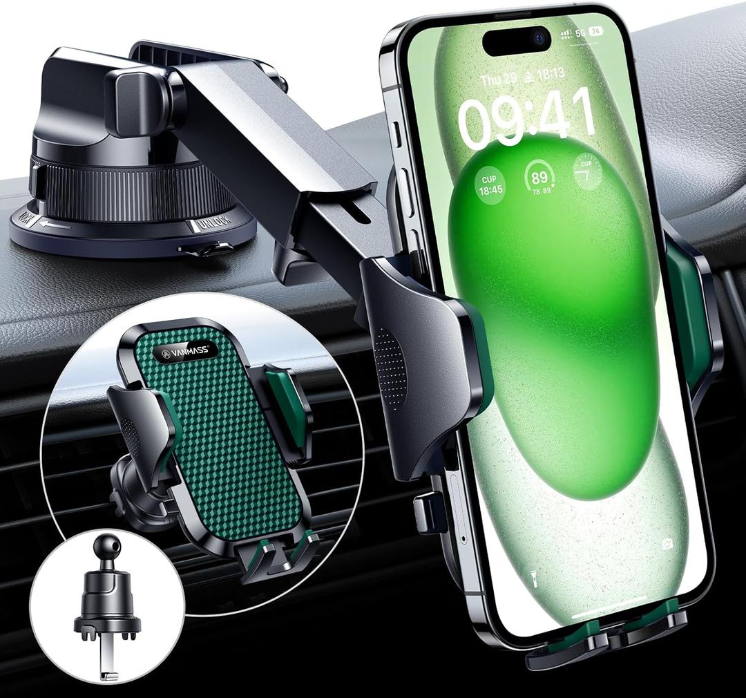 VANMASS [True Military-Grade] Car Phone Holder [Strongest Suction & Clip] Cell Phone Mount for Dashboard Windshield Vent Truck Accessories Cradle Dash Stand for iPhone 15 14 13 12 Android,Green