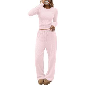 CHYRII Womens Two Piece Sets Fall Fashion Striped Long Sleeve Tops Wide Leg Palazzo Pants Outfits Loung Sets (Pink, S)