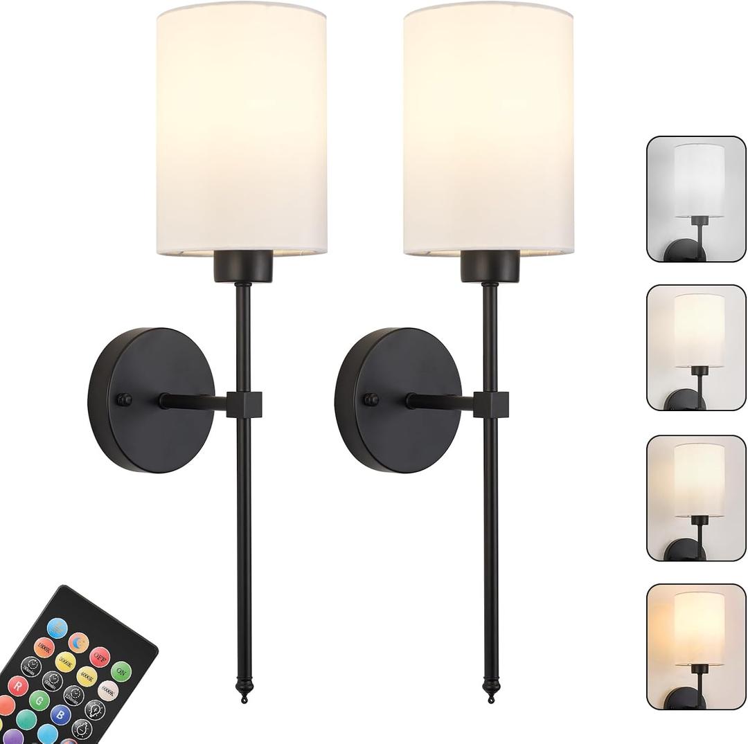 Battery Operated Wall Sconces Set of Two,Wireless Rechargeable Wall Light With Remote Control, Dimmable, Amber Light/Warm White/Natural White/Daylight/RGB, Timer,for Living Room,Bedroom,Entryway,Black
