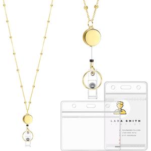 Lanyards for Id Badges Stainless Steel Badge Lanyard with 2 Pcs Waterproof Badge Holder Retractable Badge Lanyards Teacher Lanyard for Cruise Ship Key Cards Id Badges (Gold)