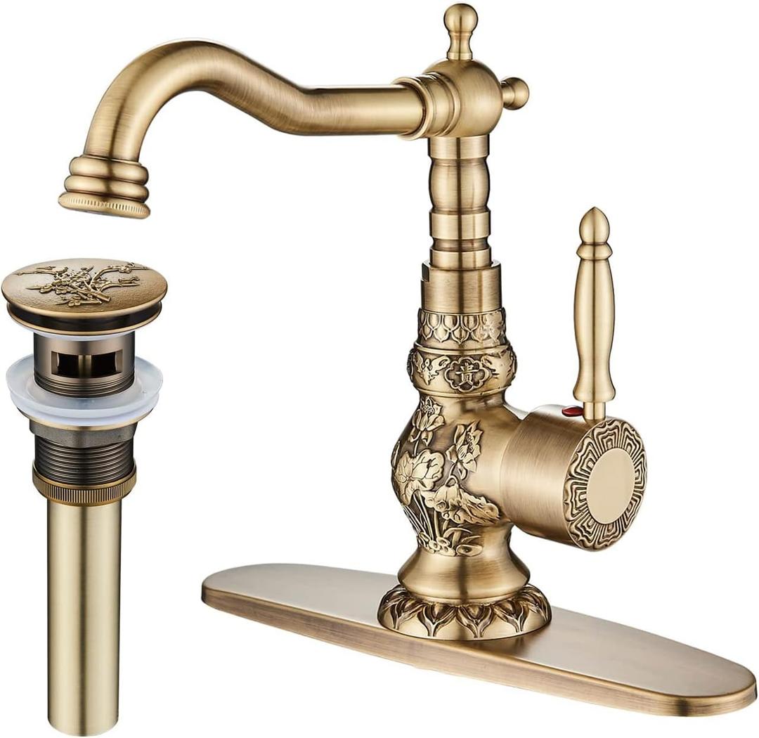 Senlesen Antique Brass Swivel Spout Bathroom Faucet Vanity Sink Mixer Tap and Pop Up Drain with Overflow