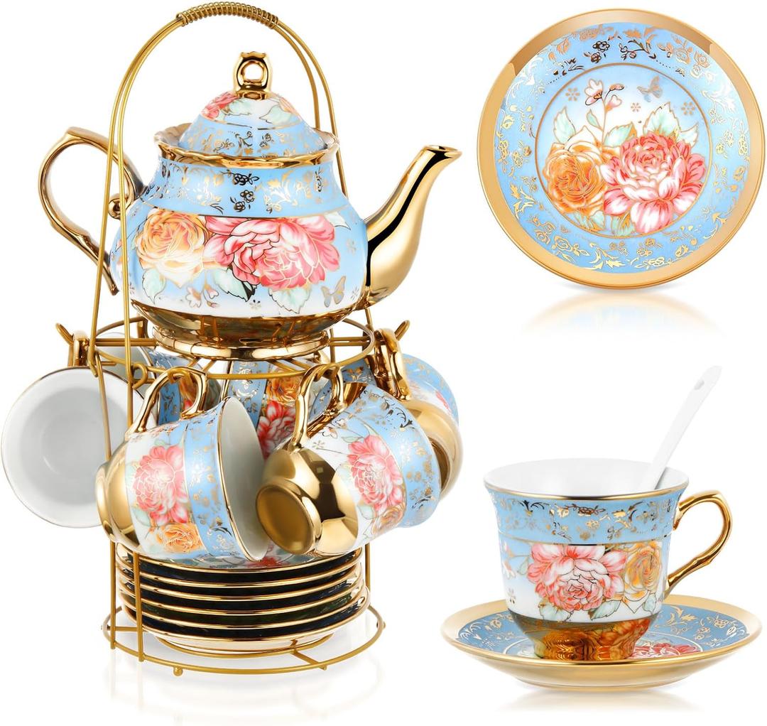 Zhehao Porcelain Tea Set with Metal Holder and Spoon Adult Ceramic Tea Set European Flower Painting Teapot Cup Saucer Spoon for Women Mom Gift, Large Version(Simplicity Style,20 Pcs)