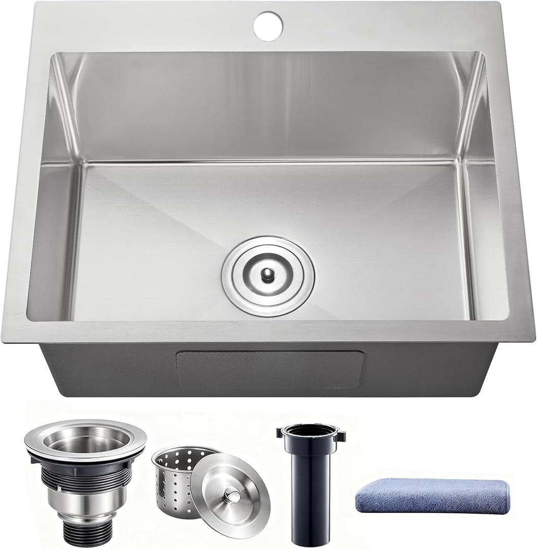 20x16x8 Inch Topmount Kitchen Bar Sink, Drop In Bar Sink 16 Gauge Handmade Stainless Steel Suitable for Kitchens, Bars, and RVs,Outdoor Single Bowl Bar Sink with Strainer, Towel, 2016 Inch