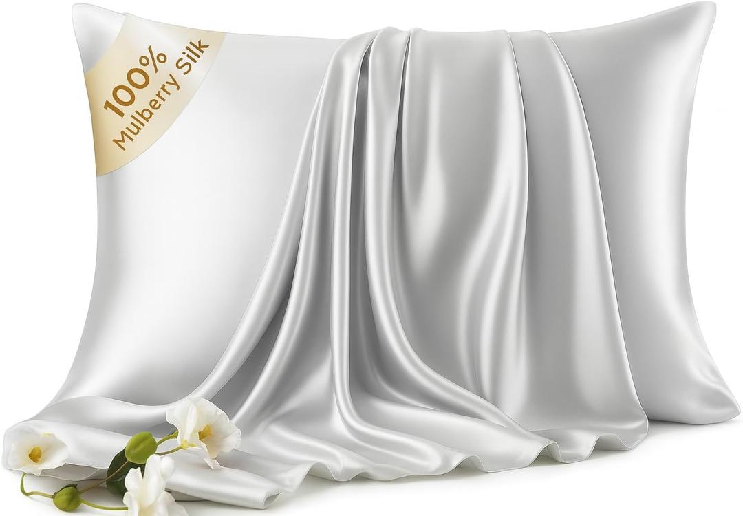 100% Pure Mulberry Silk Pillow Cases - 6A Luxury Silk Pillowcase for Hair and Skin Anti-Wrinkle, Cooling & Smooth, Hidden Zipper Pillowcases for Sleeping Women (Gray, Standard)