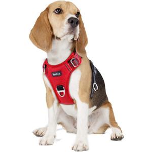 Funfox Dog Harness No Pull, Adjustable Pet Vest Harness, Super Soft Material with Vertical Handle Easy Control, Reflective Night Walking, 2 Leash Clips for Medium Sized Dogs, Red, M