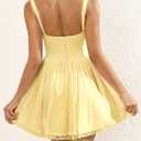 Summer Square Neck Mini Dress for Women Floral | Lace Spliced Ruched Backless Casual Party Graduation Short Dresses (Yellow, XL)