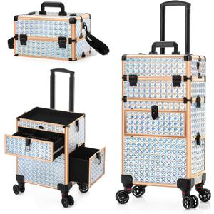 AROUS Rolling Makeup Train Case with Large Drawer, Multi-functional Cosmetic Trolley with 360 Swivel Wheels Keys, Large Storage Traveling Cart Trunk, Train Cases for Nail Technicians Hairstylist