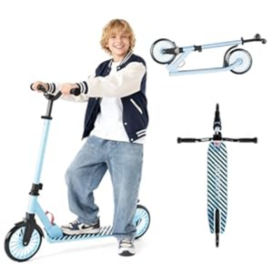Scooters for Kids 5-7 8-12, Lightweight Foldable Kick Scooter, 4-Level Adjustable Handlebar, 8-Inch Large Wheels with Shock Absorption, for Ages 6 and Up (Light Blue)