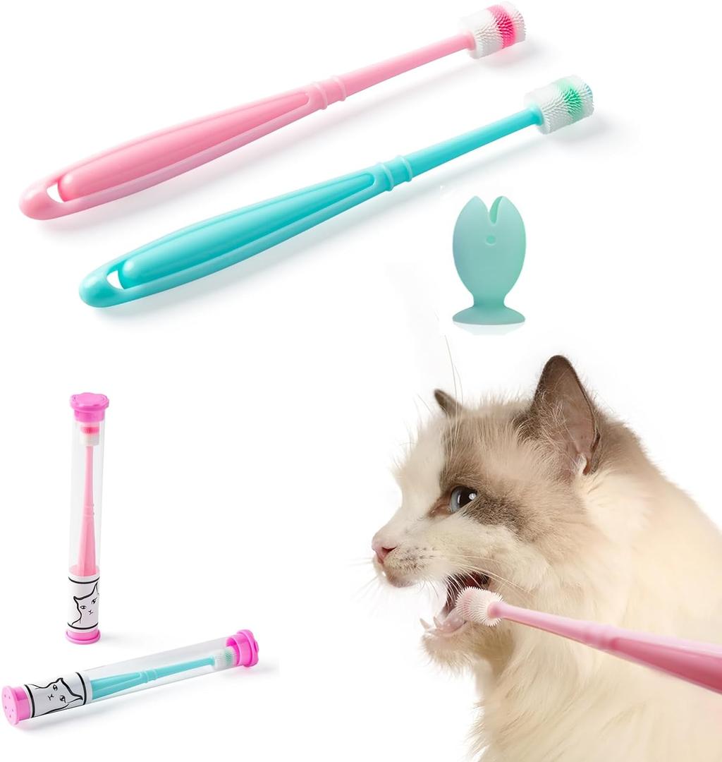 E.M&S.T by Emmeliestella Small Dog & Cat Toothbrush 360 Degree Soft Silicone, Cat Dental Care, Toothbrush Holder, Easy to Handle, Independent Packaging, Extra Suction Cup, Light Blue&Light Pink 3PCS