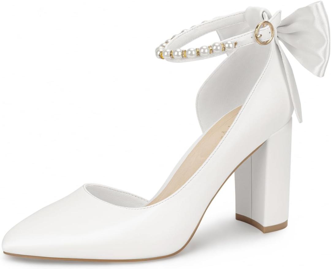 Women's Closed Toe Pumps 3-Inch Chunky Heels Pumps Ankle Strap Dress Wedding Shoes (7.5)