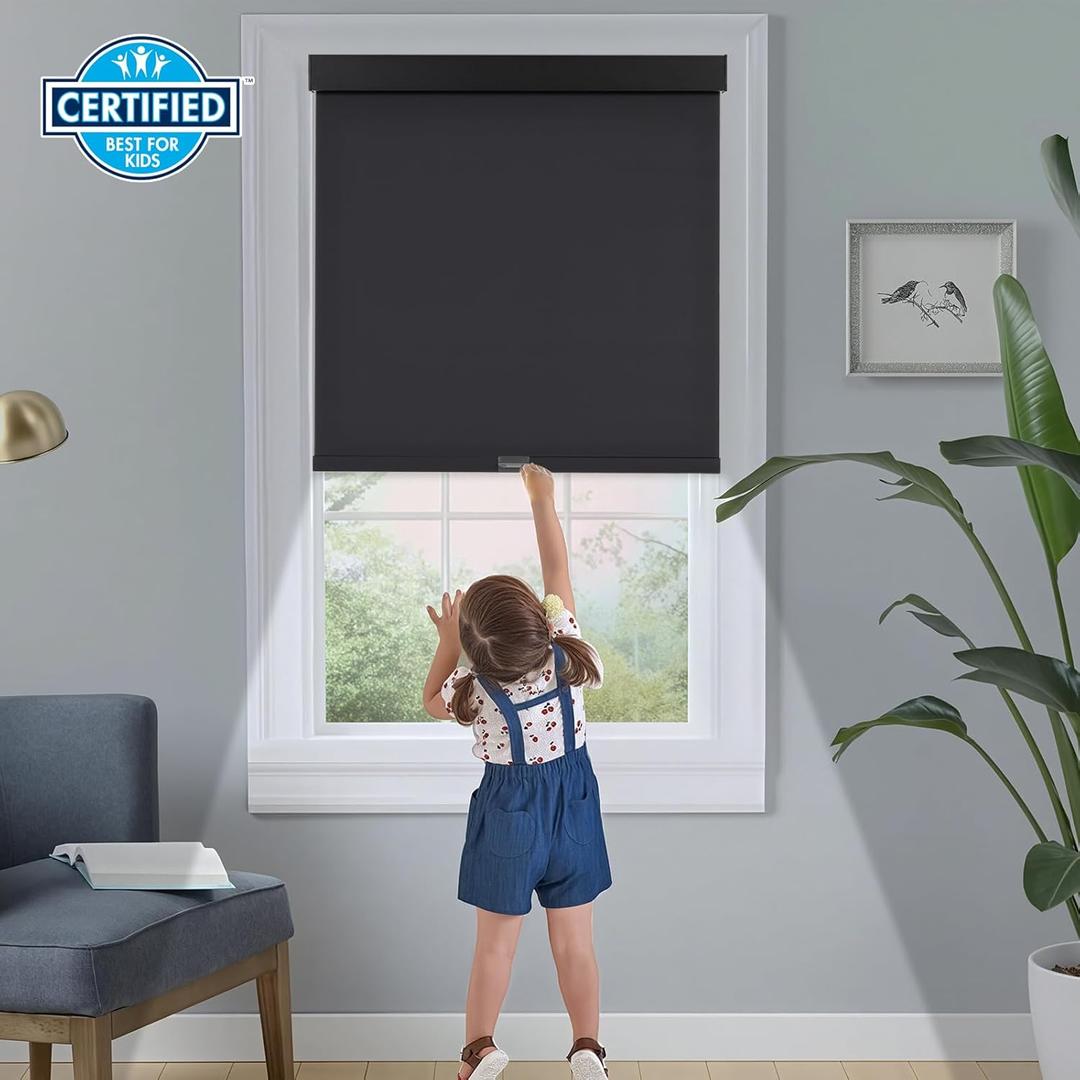 Persilux Blackout Roller Shades - Cordless Roller Blinds with Valance, Thermal Insulated Fabric Window Blinds, UV Protection for Home, Office and Bedroom (Black, 55"W x 72"H)
