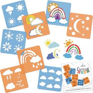 NAKLEO Painting Stencils for Kids, 8 Pcs Set 6x6 Weather, Children Creative Drawing Templates Plastic and Reusable, DIY Decoration Arts and Crafts, Paper Wall Wood Fabric