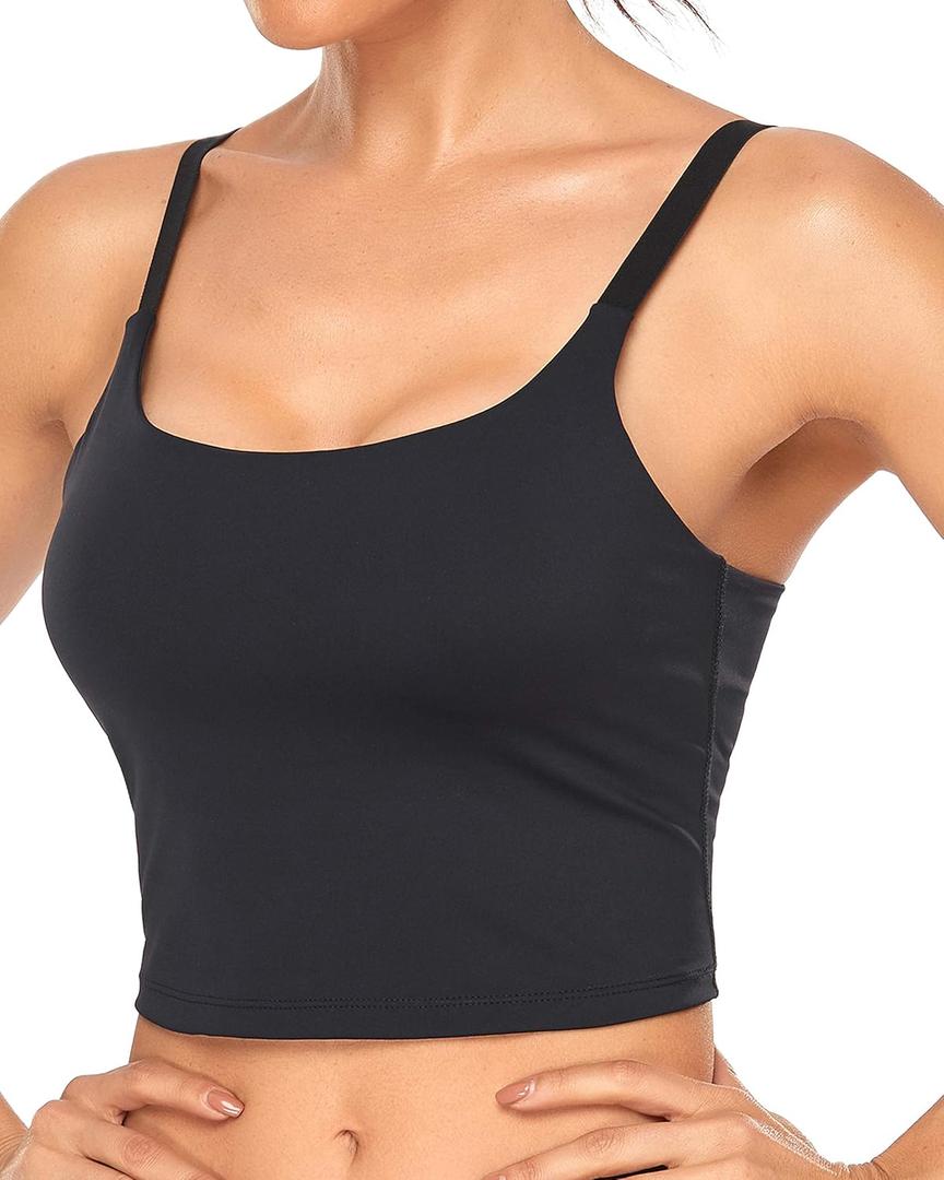Oalka Sports Bra Womens Longline Padded Crop Tank Yoga Bras Workout Fitness Top (Medium, Black)