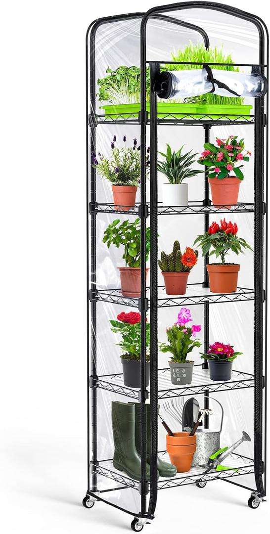 Abimars 5Tier Mini Greenhouse with Caster Wheels, Each Shelf Height Adjustable Metal Plant Shelf with PVC Cover for Seed Starting Trays, Seedling Pots, Plant Pots, 11x16x57inch