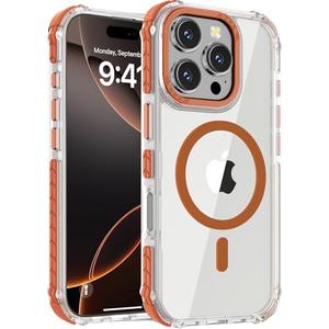 DEERLAMN Strong Magnetic Case for iPhone 16 Pro 6.3-Inch,[Compatible with Magsafe] Clear Slim Shockproof Protective Phone Cover for Women Men-Transparent+Orange