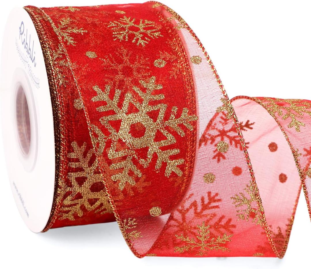 Ribbli Christmas Snowflake Glitter Wired Organza Sheer Ribbon, 2-1/2 Inch x 20 Yards Red with Gold Glitter Snowflake Pattern for Tree Decoration