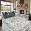 Rugxara 8x10 Ft Washable Area Rug for Living Room, Extra Large Neutral Vintage Boho Rugs for Office, Kids Room, Farmhouse, Durable Low Pile Non Slip Carpet for High Traffic Areas, Light Blue Grey