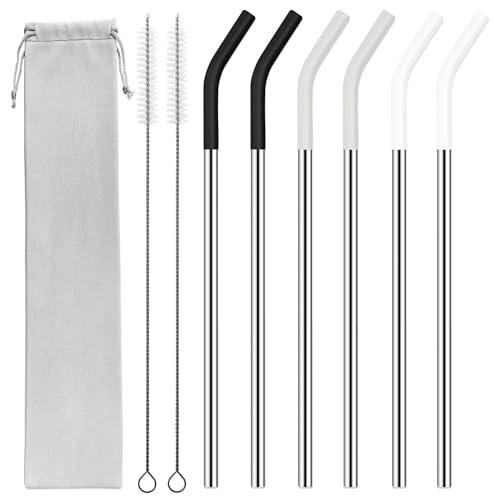 40 oz Stainless Metal Straws for 40 oz Stanley Tumbler, 6Pcs Reusable Straight Long Steel Straws with 12 Silicone Tips and 2 Straw Cleaning Brushes(3Color1, 40oz)