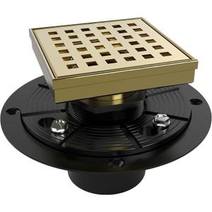 WEBANG 4 Inch Square Shower Drain Gold Floor Drain with Flange Square Holes Pattern Cover Grate Removable SUS304 Stainless Steel Watermark&CUPC Certified Brushed Gold