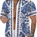 OYOANGLE Men's Floral Print Button Down Collared Shirts Summer Tropical Floral Beach Vacation Shirt (XX-Large, Blue)