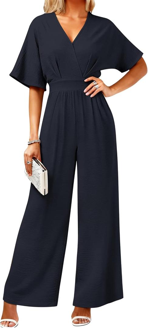 Women's One Piece Jumpsuits Dressy Casual V-Neck Batwing Short Sleeve Wide Leg Elegant Ladies Jumpsuit Rompers (X-Large)