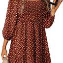 Dokotoo Fall Dresses for Women 2025 Beach Vacation Clothes Boho Smocked Square Neck 3/4 Sleeve Ruffle Bohemian Floral Printed Casual Empire Waist Mini Dress A-Line Short Dress Sundress Red Small