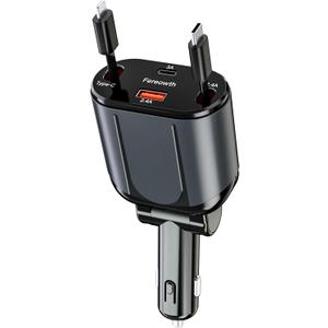 Retractable Car Charge 4 in 1 Fast Car Phone Charger Adapter PD 62W Phone Retractable Cables (31.5 inch) and 2 USB Ports Car Charger， Compatible with iPad,Samsung,Pixe iPhone 15/14/13, Black