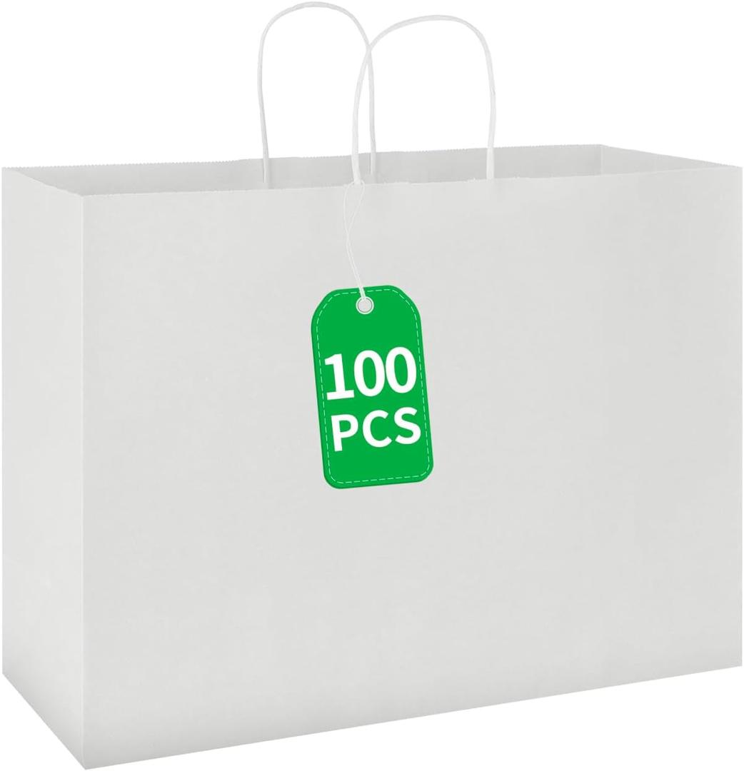 bagmad 100 Pack 16x6x12 Inches Large White Kraft Paper Bags with Handles Bulk for Shopping Wedding Grocery Retail Merchandise Business Craft Gift Bags(100 Count)