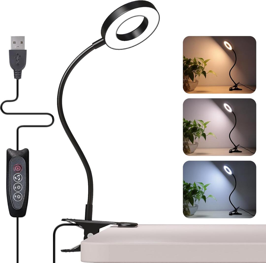 Foneso Desk Lamp Clip on Light, 48 LED USB Lamp with 3 Color Modes 10 Brightness Levels, 360 Flexible Gooseneck Eye Protection Bed Night Light for Reading, Makeup, Craft (Black)