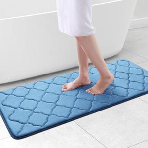 OLANLY Memory Foam Bath Mat Rug 47x20, Ultra Soft and Absorbent Bathroom Rugs, Non-Slip, Comfortable, Machine Washable Bath Carpet for Bathroom Floor, Tub, Shower and Home Decor Accessories, Blue