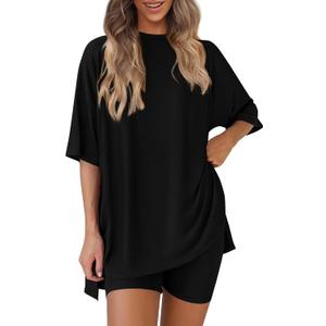 PRETTYGARDEN Women 2 Piece Lounge Set 2026 Summer Casual Oversized Shirts Biker Shorts Matching Airport Travel Outfit Clothes, Large, Black