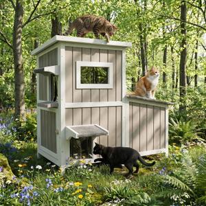Outdoor Cat House for 2-3 Cats, 2-Story Weatherproof Wooden Cat Shelter with Feeding Station, Openable Asphalt Roof, 3 Rooms & 3 Escape Doors Gray