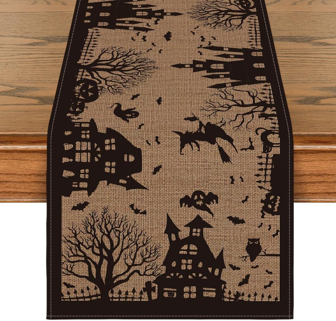 Artoid Mode Black Tan Spooky Haunted House Tree Ghost Witch Halloween Table Runner, Kitchen Dining Table Decoration for Home Party Decor 13x48 Inch