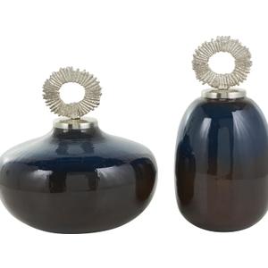 Deco 79 Metal Living Room Decorative Jars Ombre Decorative Container with Brown Accents and Silver Ring Handles, Set of 2 Jar with Lid 11", 13"H, Blue