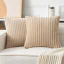 UGASA Velvet 18x18 Inch Soft Throw Pillow Covers Decorative Corduroy Striped Both Sides Solid Square Cushion Cases Boho Farmhouse for Couch Bedroom Sofa Home, Pack of 2, Beige