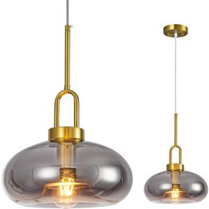 Light Smoke Gray Glass Pendant Light for Kitchen Island, Brass Gold Adjustable Height Hardwired E26 Hanging Fixture for Dining Room, Bedroom, Breakfast Nook, 1-Pack