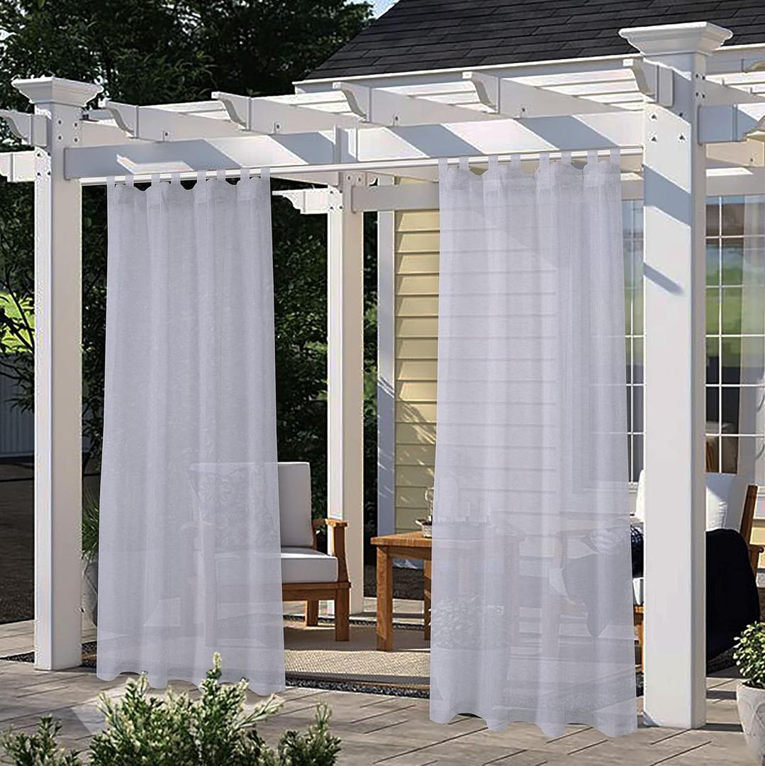 LORDTEX Burlap Linen Look Outdoor Curtain for Patio - 2 Panels Waterproof Tab Top Sheer Curtains for Pergola, Porch, Cabana and Gazebo Indoor/Outdoor Voile Sheer Drapes, 52 x 84 Inch, Silver