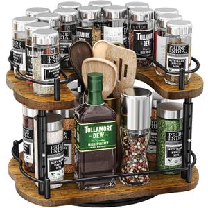 Lazy Susan Organizer Spice Rack - Spice Organization for Cabinet Height Adjustable Rotating Lazy Turntable, Pantry Kitchen Wood Revolving Seasoning Organizer, 12 inches, Black