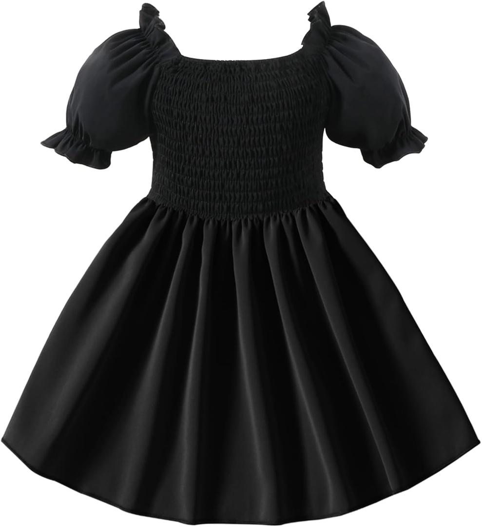 Neutocd Toddler Baby Girl Dress Ruffle Short Sleeve Elastic Solid Square Neck Flared Plain Casual Summer Dresses for Girls (3-4T, #0 Black)