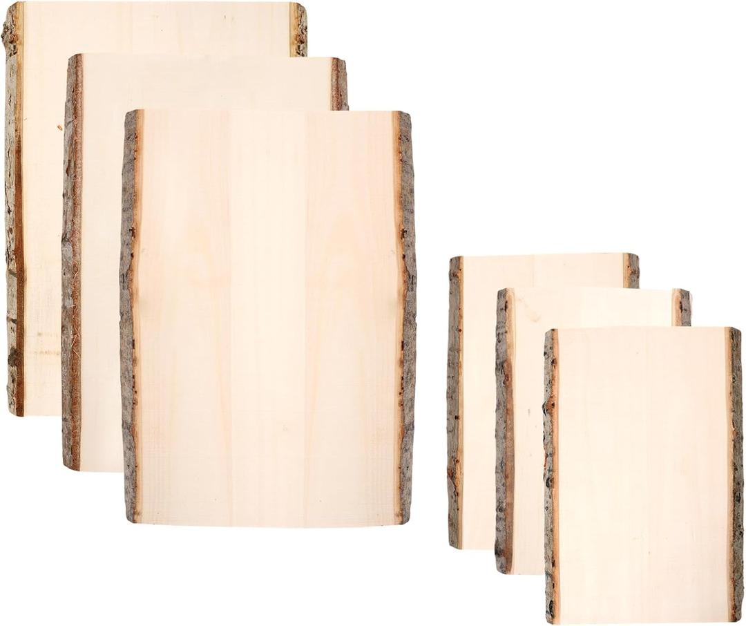 6 Pcs Live Edge Wood Slab 2 Size Unfinished Planks with Edge Bark for Wood Burning, Home Decor and Rustic Weddings