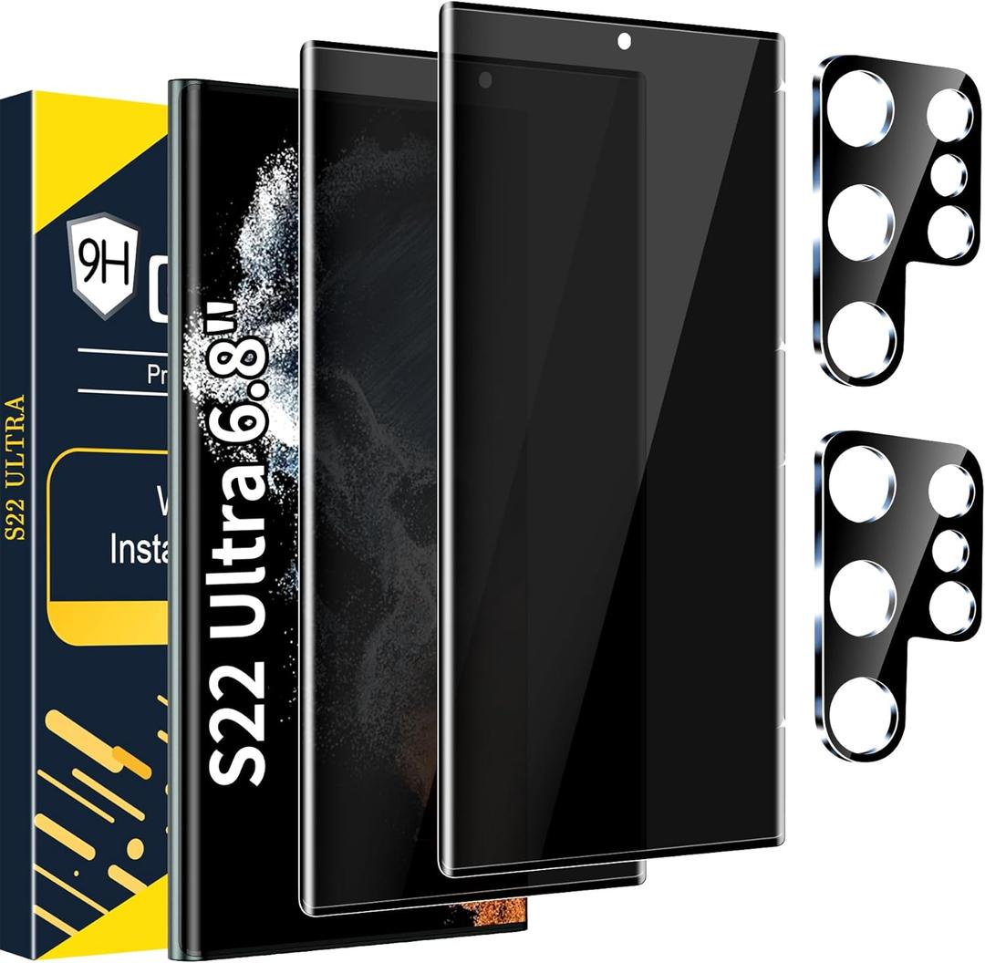 [2+2 Pack] Galaxy S22 Ultra Privacy Screen Protector, 9H Tempered Glass, Ultrasonic Fingerprint Support, 3D Curved, HD Clear Anti-Spy Film for Samsung S22 Ultra 5G Glass Screen Protector